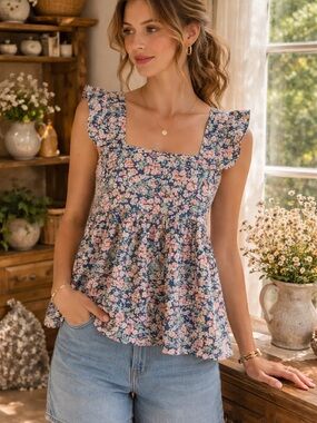 Lovely Melody Floral Square Neck Ruffle Smocked  Cottagecore Blouse Size M